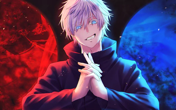 Satoru Gojo from Jujutsu Kaisen depicted in vibrant 4K Ultra HD, with striking red and blue celestial backgrounds enhancing this dynamic anime PC wallpaper.
