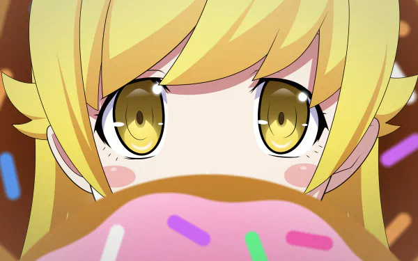 Anime character Shinobu Oshino from Bakemonogatari with blonde hair and yellow eyes blushes while looking at a doughnut with pink frosting and colorful sprinkles. HD desktop wallpaper background.