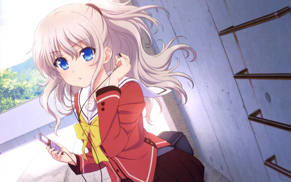 Anime character Nao Tomori from Charlotte with blue eyes and white hair, wearing a school uniform with a red jacket and yellow bow, sits outdoors with earphones. HD desktop wallpaper background.
