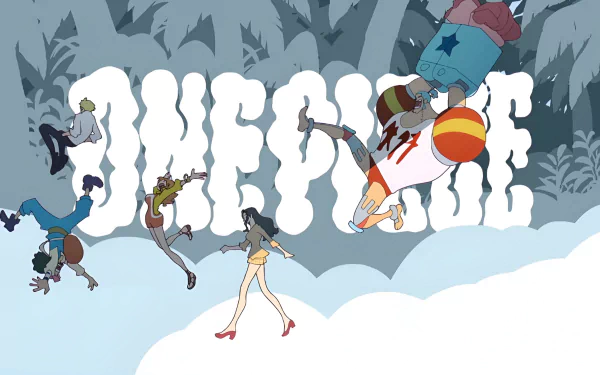 HD One Piece anime desktop wallpaper featuring main characters dynamically arranged in front of a bold ONE PIECE logo with a forest backdrop.