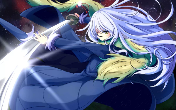 HD wallpaper featuring Rimuru Tempest from the anime That Time I Got Reincarnated as a Slime, showcasing dynamic action with a glowing sword and colorful background.
