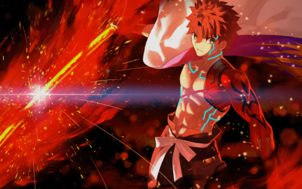 HD desktop wallpaper featuring Senji Muramasa from the anime Fate/Grand Order. The character is depicted dramatically with fiery red and black background elements.