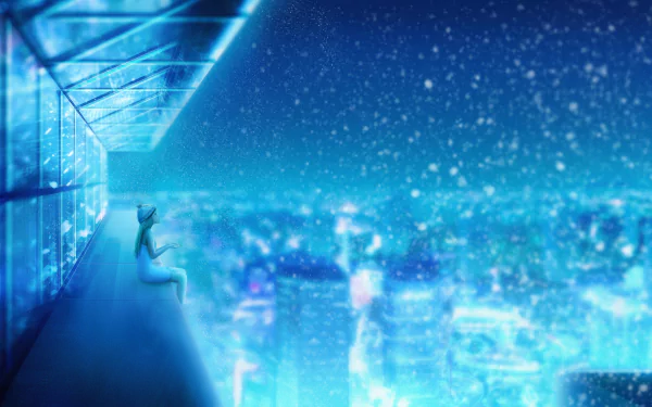 Anime-style HD desktop wallpaper depicting a lone figure standing on a skyscraper ledge overlooking a sprawling, neon-lit city under a starry sky.