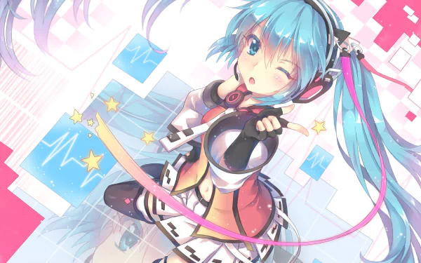 HD desktop wallpaper featuring Hatsune Miku from Vocaloid, winking with blue hair and eyes, wearing headphones, set against a colorful abstract background.