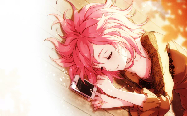 HD desktop wallpaper of a sleeping anime girl with short pink hair, holding a phone.