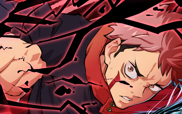 Yuji Itadori from the anime Jujutsu Kaisen is depicted in this striking 4K Ultra HD wallpaper, showcasing his intense expression and dynamic action amid a vivid backdrop.