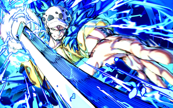 Vibrant 4K Ultra HD anime wallpaper featuring Trafalgar Law from One Piece, depicted with dynamic blue lightning effects and intense action pose.