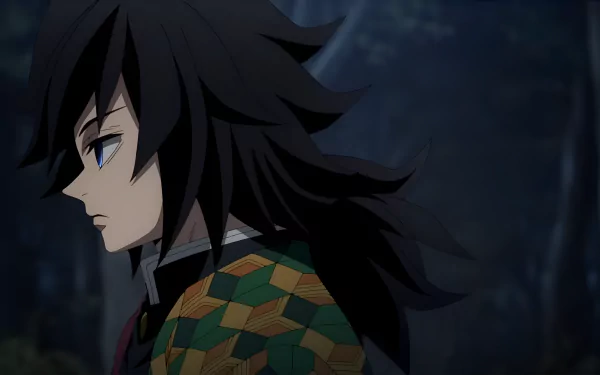 4K Ultra HD anime wallpaper featuring Giyuu Tomioka from Demon Slayer: Kimetsu no Yaiba, shown in profile with his distinctive haori and dark, spiky hair.