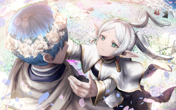 A 4K Ultra HD anime wallpaper from Frieren: Beyond Journey's End featuring two characters under cherry blossoms, with one placing a flower crown on the other's head.