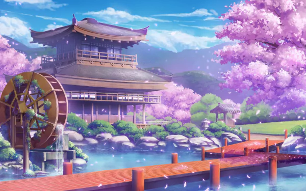 HD anime-style wallpaper featuring a traditional house by a river, adorned with sakura trees and a wooden wheel, in a serene, colorful setting.