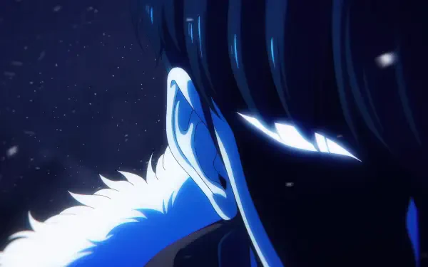 Close-up 4K Ultra HD anime wallpaper featuring Sung Jin-Woo from Solo Leveling in a dark, intense blue-toned scene with glowing eyes.