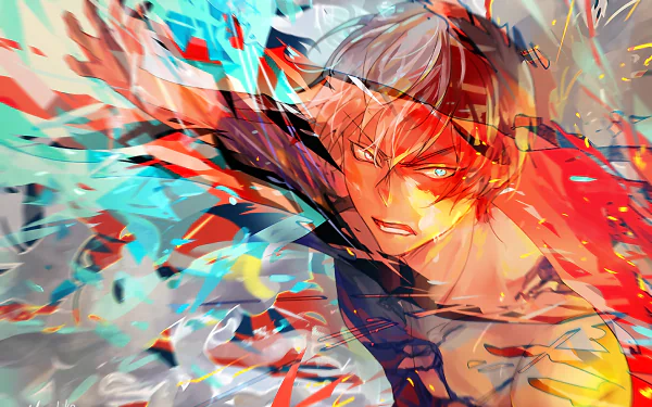 HD desktop wallpaper of Shoto Todoroki from Anime My Hero Academia, featuring his intense gaze and dual fire and ice powers with vivid, dynamic colors.