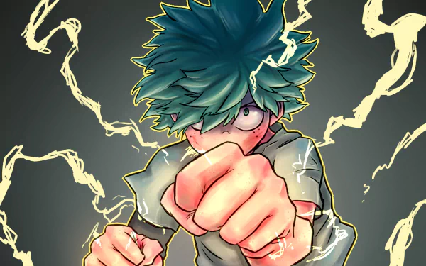 HD desktop wallpaper featuring an anime character from My Hero Academia, with green hair and electrifying energy, in an action pose.