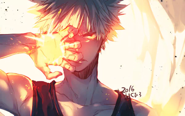 HD desktop wallpaper of Katsuki Bakugou from My Hero Academia, featuring the blonde character with red eyes and an intense expression, surrounded by an explosion.