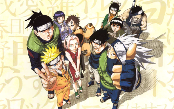 HD desktop wallpaper featuring characters from the anime Naruto, including Hinata Hyuga, Gaara, Naruto Uzumaki, Sasuke Uchiha, Itachi Uchiha, Sakura Haruno, Kakashi Hatake, and Rock Lee.