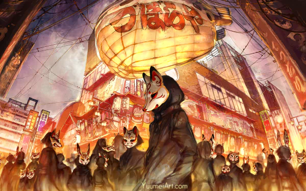 HD anime wallpaper featuring a masked figure in a hoodie, surrounded by similarly masked individuals in an illuminated urban setting. The artwork exudes an original, mysterious atmosphere.