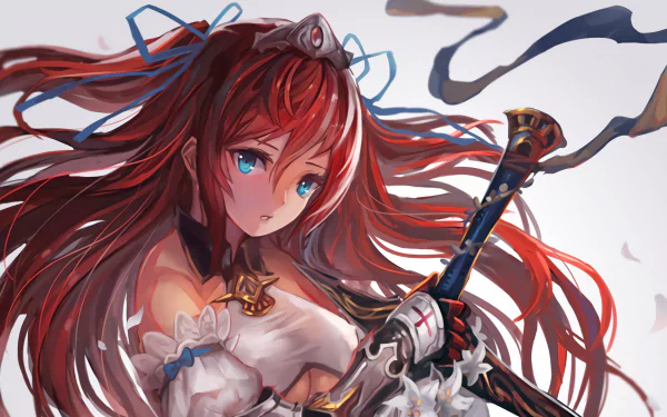 HD desktop wallpaper featuring an original anime character with long red hair, blue eyes, and holding a sword, set against a light background with flowing ribbons.