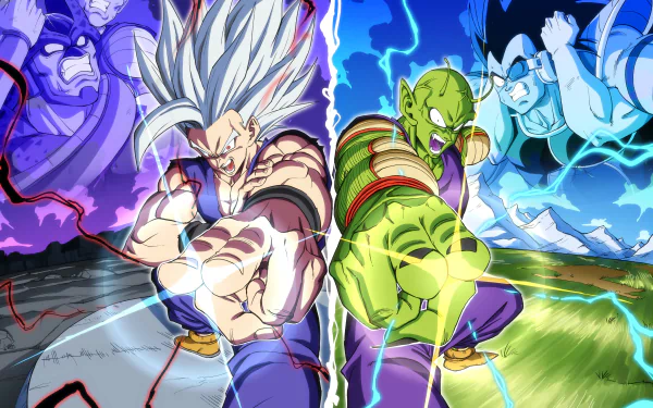 4K Ultra HD Dragon Ball Super: Super Hero wallpaper featuring Gohan Beast, Piccolo, and Gohan in dynamic anime action poses with electric energy effects.