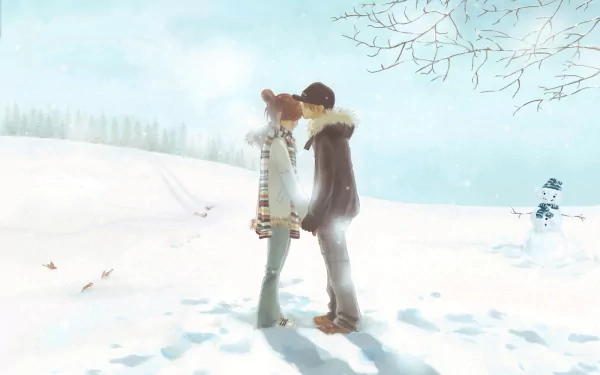 Anime characters Motoharu Yano and Nanami Takahashi share a moment in a snowy landscape. Image features soft winter colors and is from the series Bokura ga Ita (We Were There), serving as an HD desktop wallpaper.