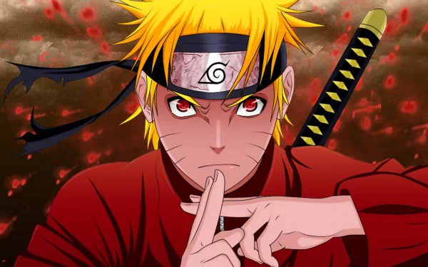 HD desktop wallpaper featuring Naruto Uzumaki, a ninja from the Anime 'Naruto,' in a red outfit with a sword on his back, performing a hand sign with a determined expression.