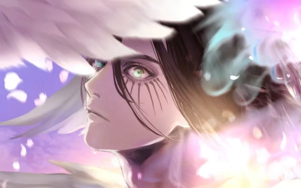 HD wallpaper featuring an intense close-up of Eren Yeager from Attack on Titan, with a dynamic and ethereal background.
