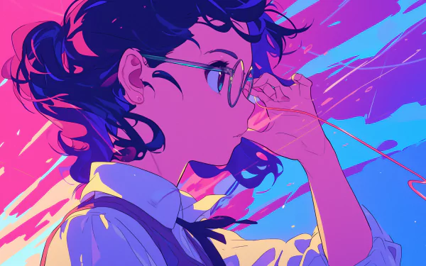Preppy anime girl with glasses in a vibrant HD desktop wallpaper featuring dynamic pink and blue hues.
