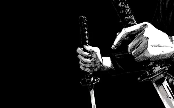 Black-and-white manga-style illustration of hands gripping two katana swords, inspired by the anime Vagabond, designed as a 4K Ultra HD PC desktop wallpaper.