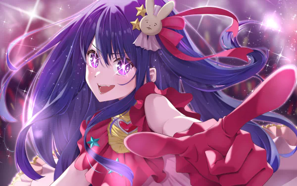 Anime character Ai Hoshino from Oshi no Ko in vibrant colors with glowing effects, featured in a detailed 4K Ultra HD PC desktop wallpaper.