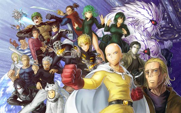 HD desktop wallpaper and background featuring characters from the anime One-Punch Man, with Saitama in the foreground surrounded by other heroes and villains in dynamic poses.