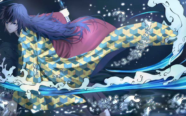 HD desktop wallpaper featuring Giyuu Tomioka from Demon Slayer: Kimetsu no Yaiba, wielding a sword amidst dynamic water effects.