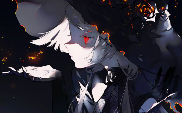 HD desktop wallpaper featuring an anime girl with pale skin styled in a dark, mysterious theme, accented by red eyes and floating embers.