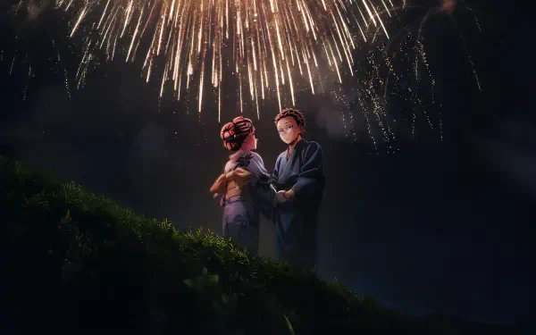 4K Ultra HD PC desktop wallpaper of Akaza and Koyuki from Demon Slayer: Kimetsu no Yaiba standing on a hillside as fireworks burst overhead.