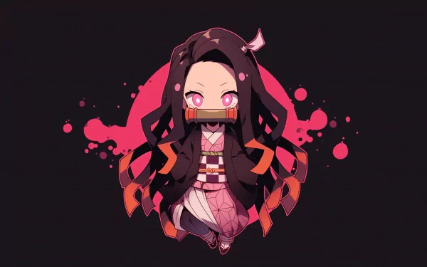 HD wallpaper featuring Nezuko Kamado from Demon Slayer: Kimetsu no Yaiba with a dark background and pink accents.