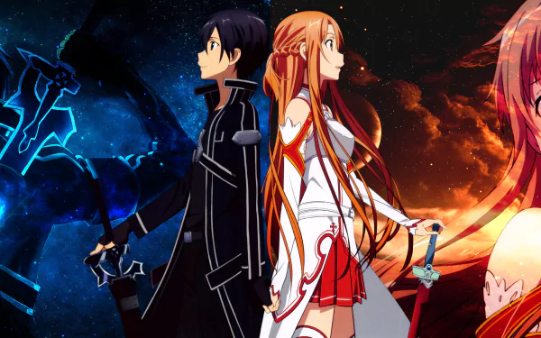 HD desktop wallpaper featuring Kirito and Asuna Yuuki from Sword Art Online, with a vibrant backdrop of contrasting blue and orange colors, encapsulating the anime's adventurous and dynamic theme.