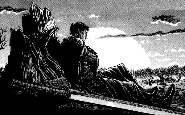 A striking HD wallpaper featuring Guts from the anime *Berserk*, seated against a tree stump, with a dramatic sunset in the background, capturing the essence of his stoic character.