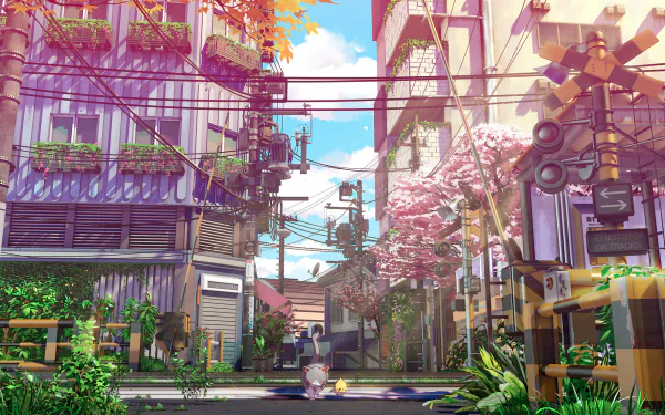Anime-style HD wallpaper with a cityscape featuring houses, lush greenery, and a pink cherry blossom tree. A cat sits near the street, surrounded by vibrant urban scenery and colorful architecture.