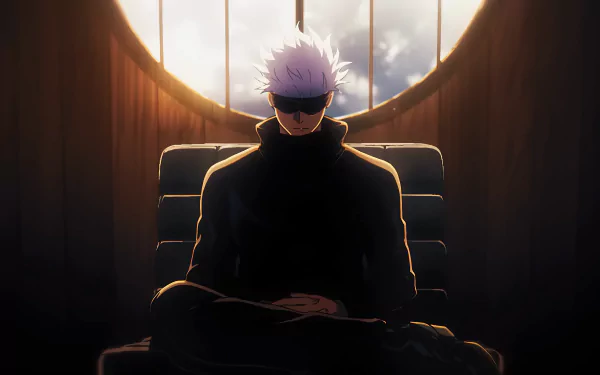 HD desktop wallpaper featuring Satoru Gojo from the anime Jujutsu Kaisen, seated in a darkened room with a dramatic window backdrop.