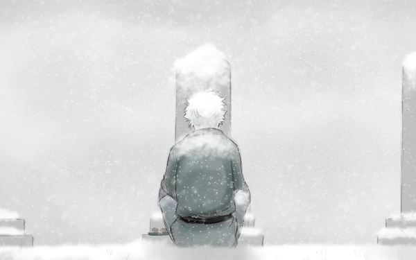 HD desktop wallpaper featuring a snowy winter setting with Gintoki Sakata from the anime Gintama kneeling by a grave, his white hair blending with the falling snow.