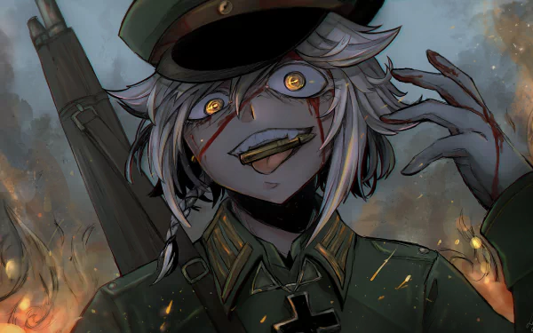 HD desktop wallpaper depicting Tanya Degurechaff from Anime Youjo Senki. The character, a soldier with yellow eyes, holds a rifle and has a bullet in her mouth, set against a dramatic background.