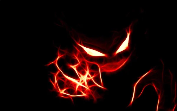 Haunter, a ghost Pokémon from the anime series, glows with vibrant eyes and an eerie smile, set against a dark background in this HD desktop wallpaper.