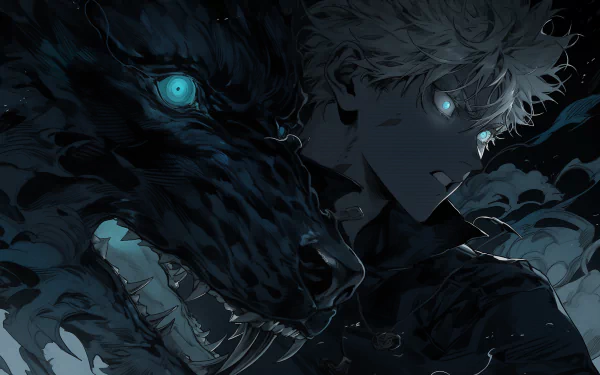 HD anime desktop wallpaper featuring Satoru Gojo from Jujutsu Kaisen, set against a dark, mystical backdrop with a menacing creature.