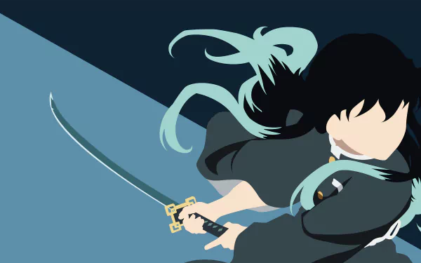 Minimalist 4K Ultra HD wallpaper of Muichiro Tokito from the anime Demon Slayer: Kimetsu no Yaiba, featuring him wielding a sword in dynamic motion.