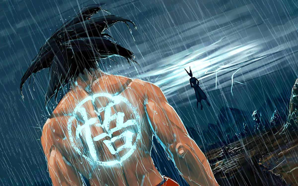 HD wallpaper of Goku in Super Saiyan God form, with a glowing tattoo, facing Beerus under a lightning-lit rainy sky, from Dragon Ball Super.