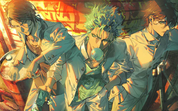 4K Ultra HD anime wallpaper featuring Ulquiorra Cifer, Nnoitra Gilga, and Grimmjow Jaegerjaquez from Bleach, depicted in dynamic and intense poses.