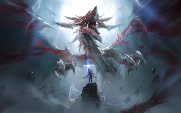 Epic 4K Ultra HD PC desktop wallpaper featuring Slifer the Sky Dragon from Yu-Gi-Oh! in a dramatic, misty battle scene with a lone figure facing the colossal dragon.