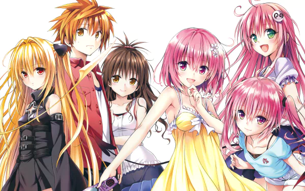 A vibrant HD wallpaper featuring characters from To Love-Ru: Darkness, including Nana Astar Deviluke, Rito Yuuki, Mikan Yuuki, Momo Velia Deviluke, Golden Darkness, and Lala Satalin Deviluke.