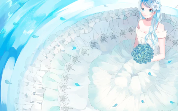 An anime character with blue hair and eyes smiles gently while wearing a flowing white dress adorned with petals, holding a bouquet of blue roses amidst a serene blue backdrop.