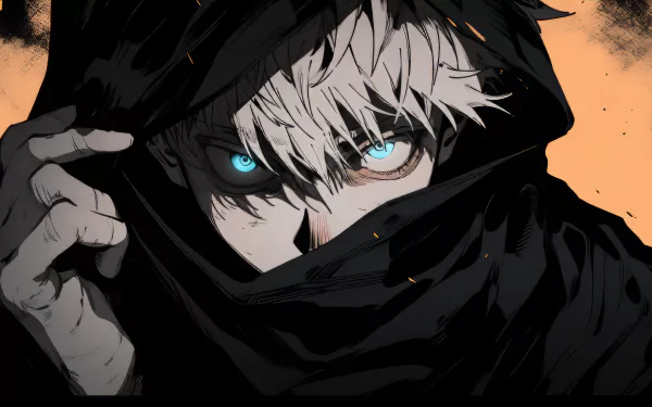 HD wallpaper of Satoru Gojo from Jujutsu Kaisen, featuring the character with intense blue eyes in a dark, moody anime style.