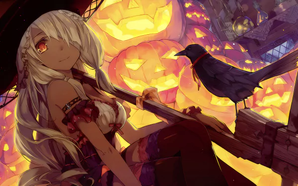 Anime character with long white hair and a witch outfit, holding a broomstick with a black bird, against a glowing background of carved pumpkins. Halloween-themed HD desktop wallpaper.