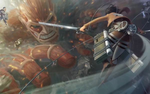HD desktop wallpaper of Mikasa Ackerman from Attack on Titan wielding a sword against the Colossal Titan, featuring dynamic battle scene with explosions.